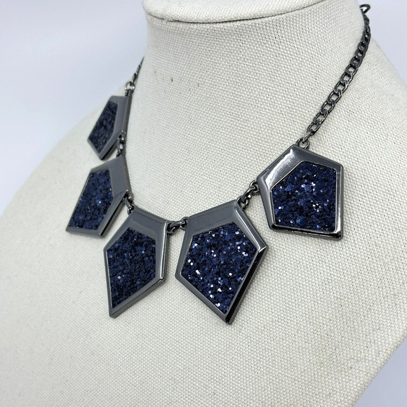 Express Necklace Statement Gray Blue Glitter Geometric Statement - Picture 3 of 12